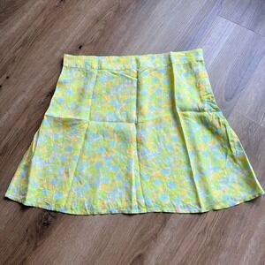 Abound Yellow Green Floral Mini Skirt Size L Rayon A-Line Side Zip Y2K Revival